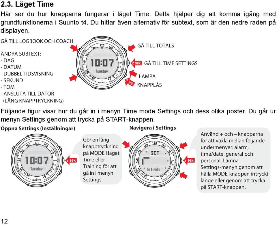 GÅ TILL LOGBOOK OCH COACH ÄNDRA SUBTEXT: - DAG - DATUM - DUBBEL TIDSVISNING - SEKUND - TOM - ANSLUTA TILL DATOR (LÅNG KNAPPTRYCKNING) 2 sek. GÅ TILL TOTALS 2 sek.