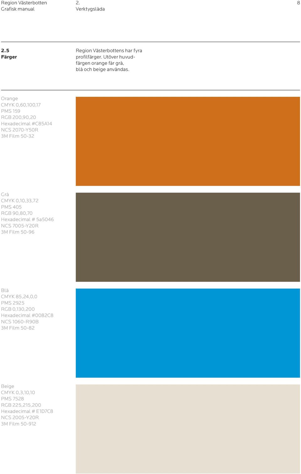 Orange CMYK 0,60,100,17 PMS 159 RGB 200,90,20 Hexadecimal #C85A14 NCS 2070-Y50R 3M Film 50-32 Grå CMYK 0,10,33,72 PMS 405 RGB