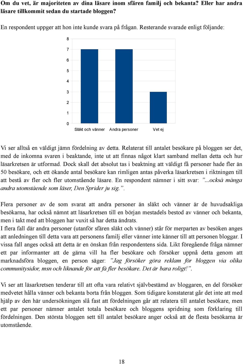 Relaterat till antalet besökare på bloggen ser det, med de inkomna svaren i beaktande, inte ut att finnas något klart samband mellan detta och hur läsarkretsen är utformad.