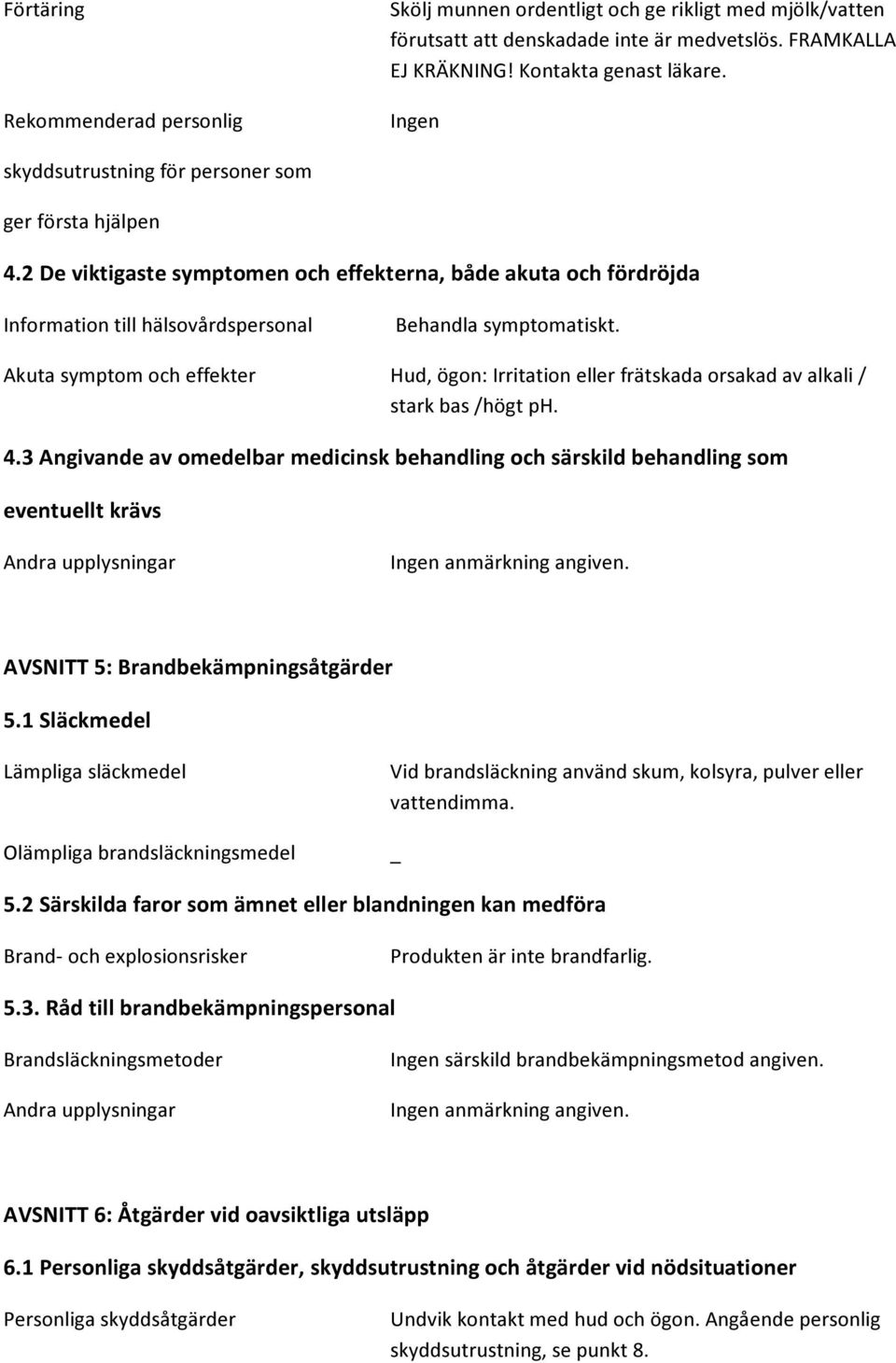 Akuta symptom och effekter Hud, ögon: Irritation eller frätskada orsakad av alkali / stark bas /högt ph. 4.