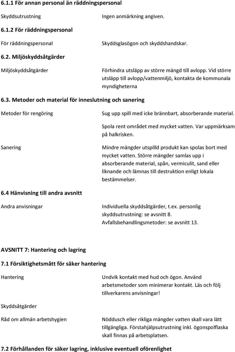 Metoder och material för inneslutning och sanering Metoder för rengöring Sug upp spill med icke brännbart, absorberande material. Spola rent området med mycket vatten. Var uppmärksam på halkrisken.