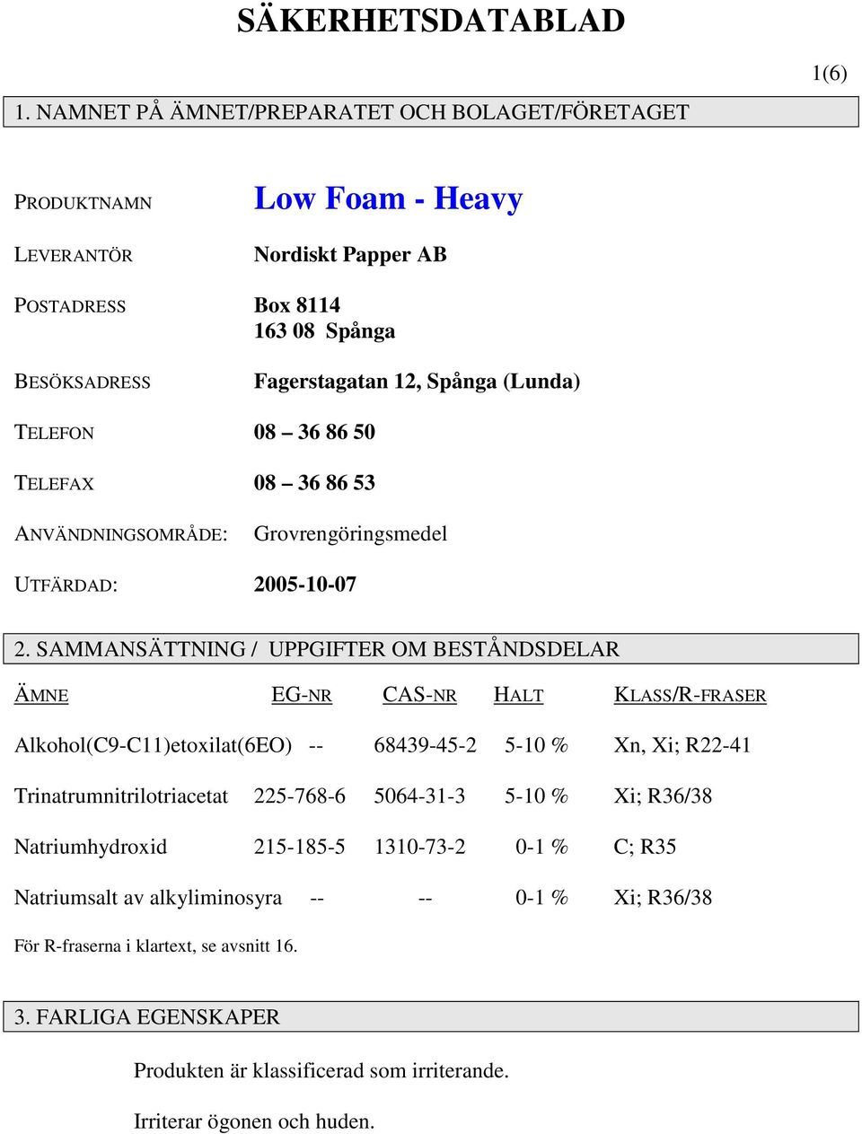 (Lunda) TELEFON 08 36 86 50 TELEFAX 08 36 86 53 ANVÄNDNINGSOMRÅDE: Grovrengöringsmedel UTFÄRDAD: 2005-10-07 2.