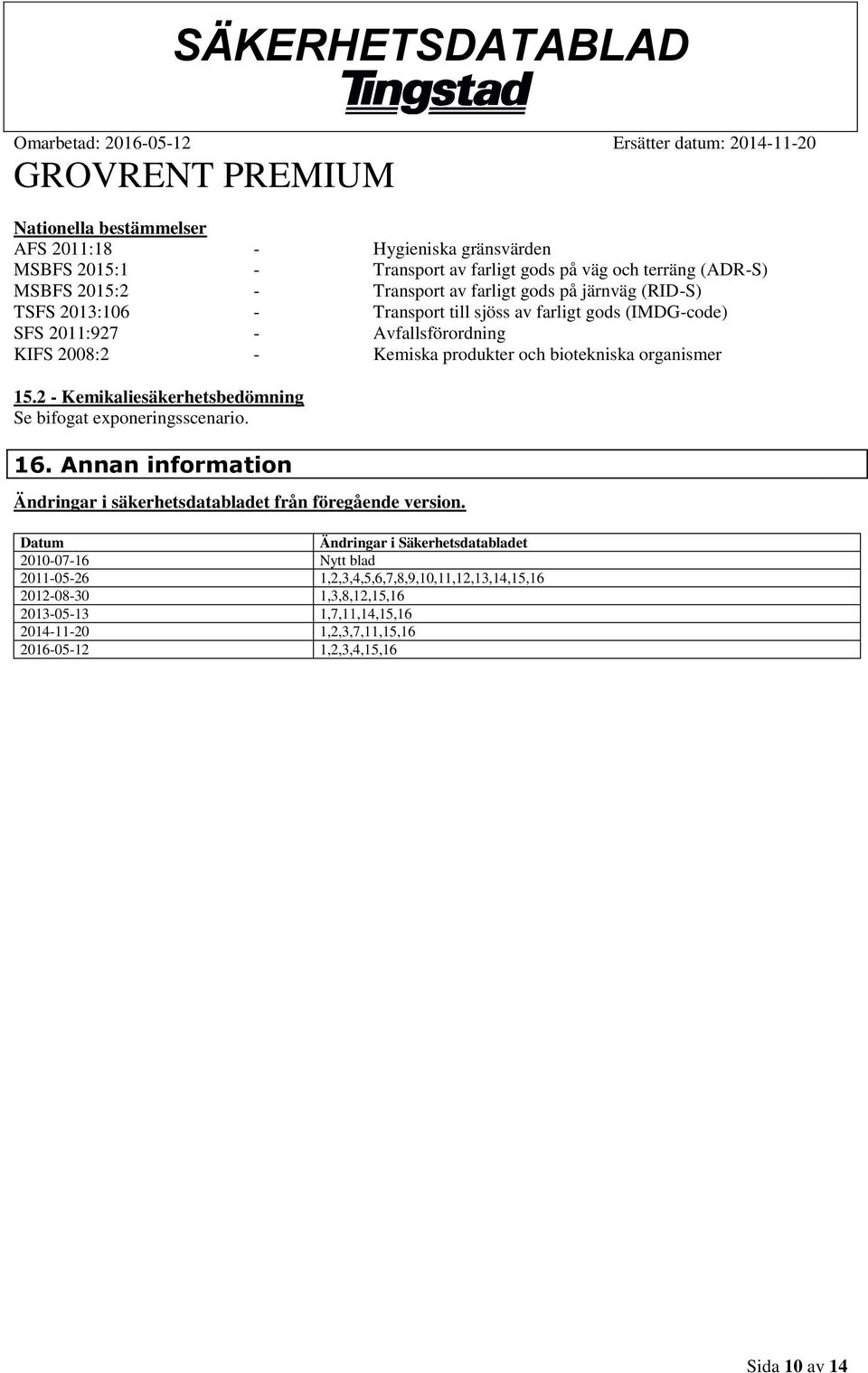 2 - Kemikaliesäkerhetsbedömning Se bifogat exponeringsscenario. 16. Annan information Ändringar i säkerhetsdatabladet från föregående version.