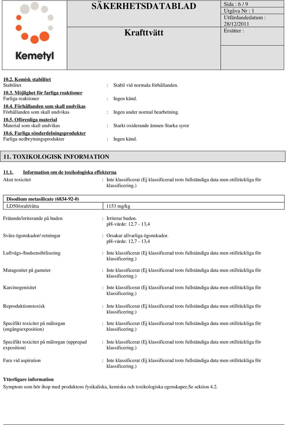 Farliga sönderdelningsprodukter Farliga nedbrytningsprodukter : Ingen känd. 11