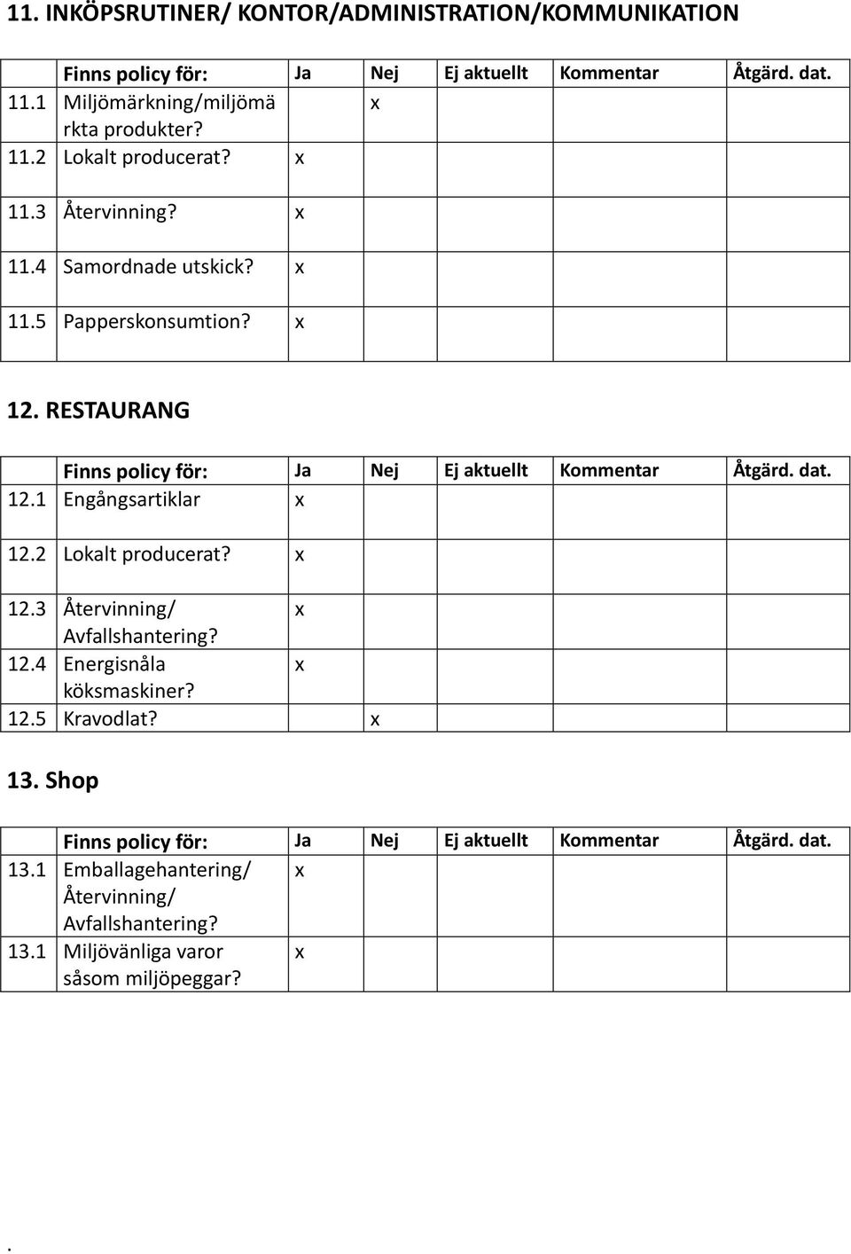 2 Lokalt producerat? x 12.3 Återvinning/ x Avfallshantering? 12.4 Energisnåla x köksmaskiner? 12.5 Kravodlat? x 13.