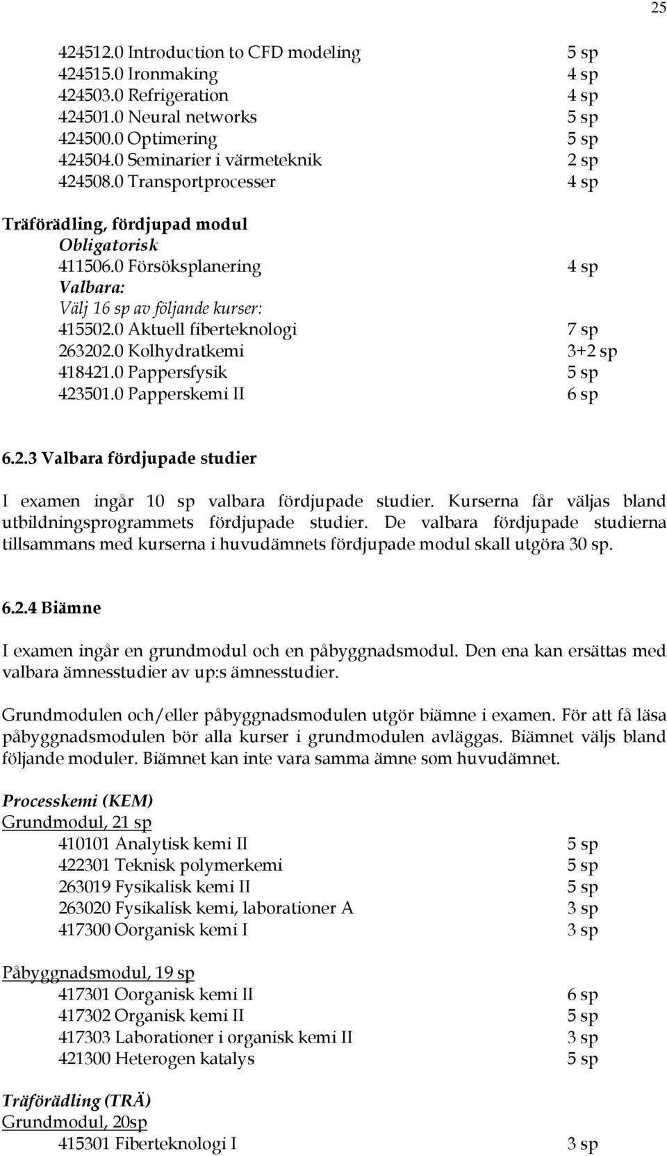 0 Kolhydratkemi 3+2 sp 418421.0 Pappersfysik 5 sp 423501.0 Papperskemi II 6 sp 6.2.3 Valbara fördjupade studier I examen ingår 10 sp valbara fördjupade studier.