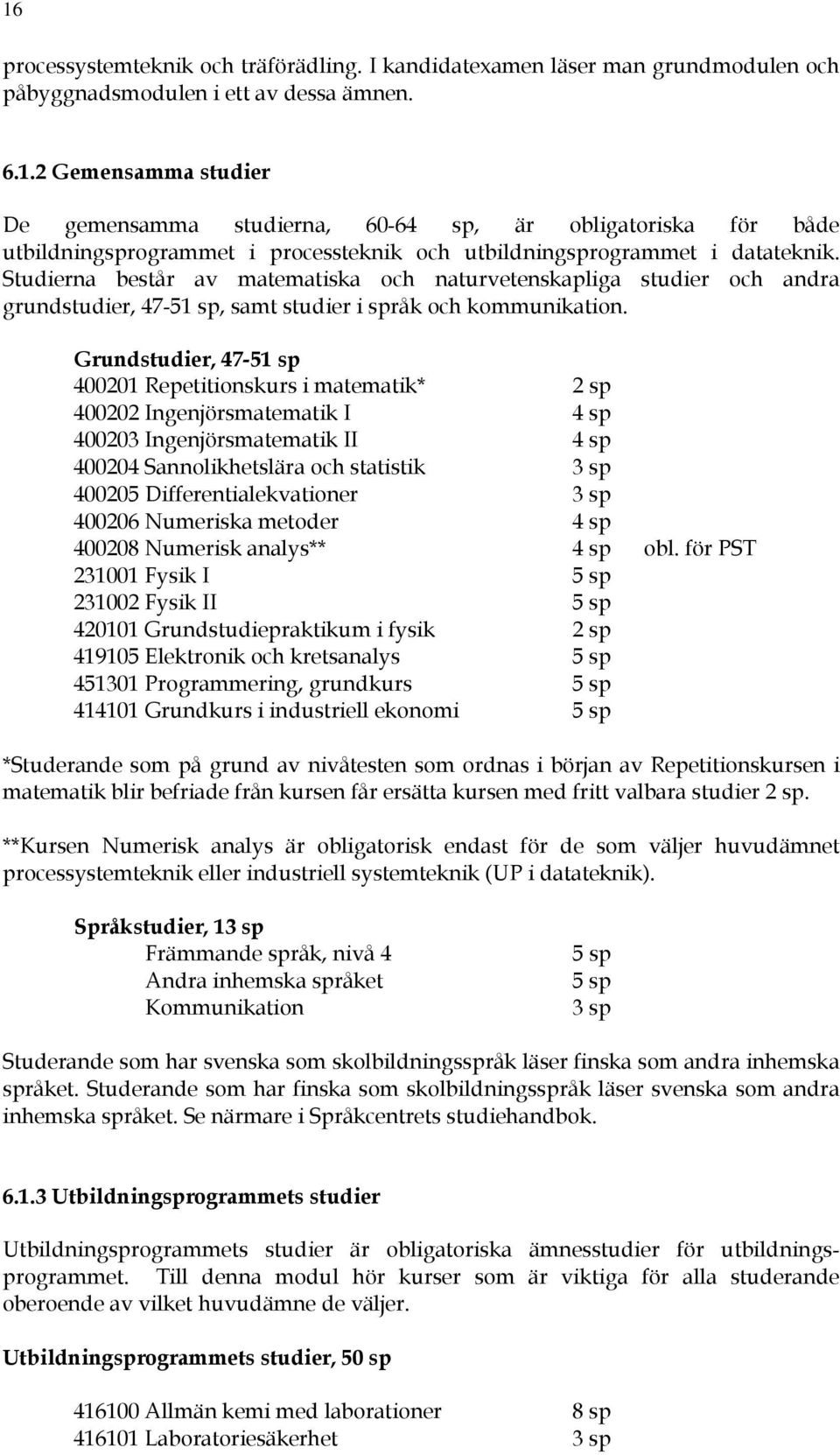 Grundstudier, 47-51 sp 400201 Repetitionskurs i matematik* 2 sp 400202 Ingenjörsmatematik I 4 sp 400203 Ingenjörsmatematik II 4 sp 400204 Sannolikhetslära och statistik 3 sp 400205