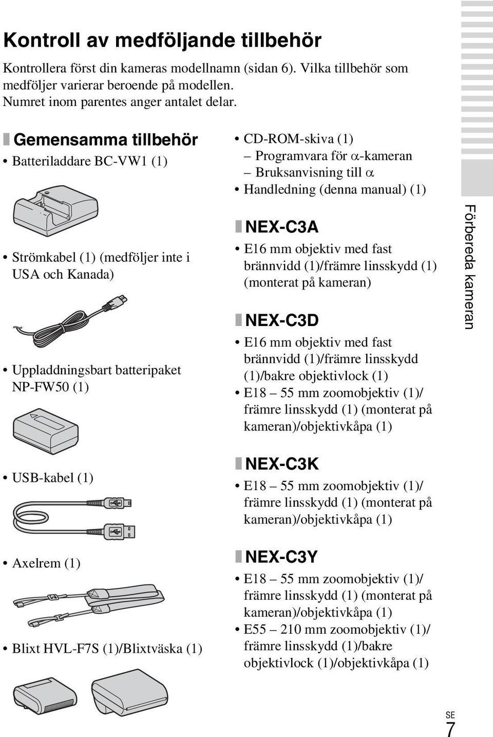 x Gemensamma tillbehör Batteriladdare BC-VW1 (1) CD-ROM-skiva (1) Programvara för α-kameran Bruksanvisning till α Handledning (denna manual) (1) Strömkabel (1) (medföljer inte i USA och Kanada)