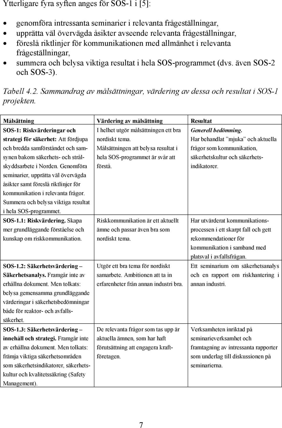 och SOS-3). Tabell 4.2. Sammandrag av målsättningar, värdering av dessa och resultat i SOS-1 projekten.