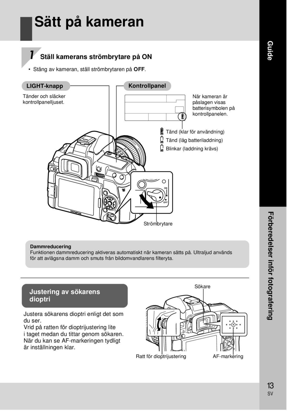 Tänd (klar för användning) Tänd (låg batteriladdning) Blinkar (laddning krävs) ON OFF Dammreducering Funktionen dammreducering aktiveras automatiskt när kameran sätts på.