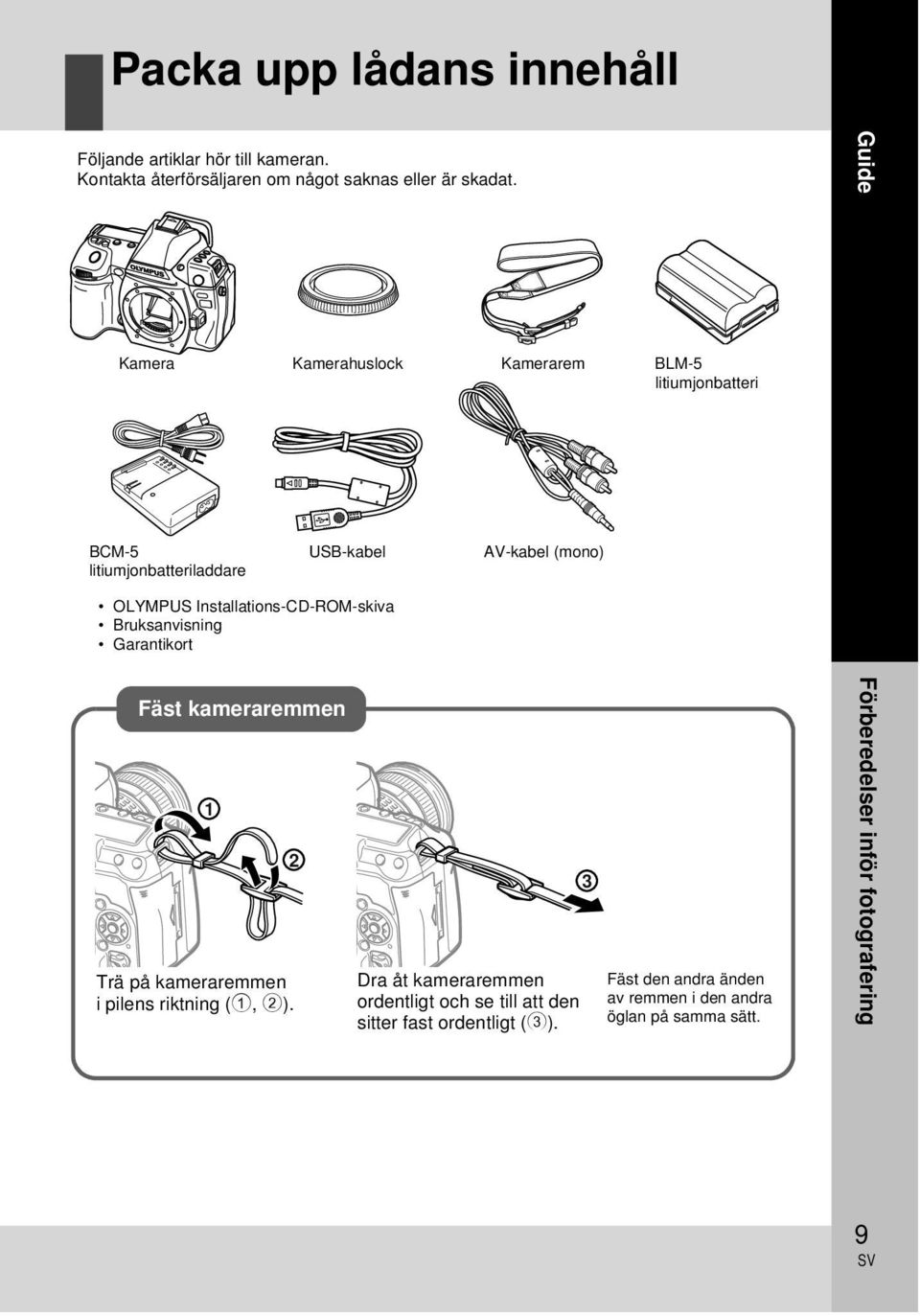 Kamera Kamerahuslock Kamerarem BLM-5 litiumjonbatteri Guide BCM-5 litiumjonbatteriladdare USB-kabel AV-kabel (mono) OLYMPUS