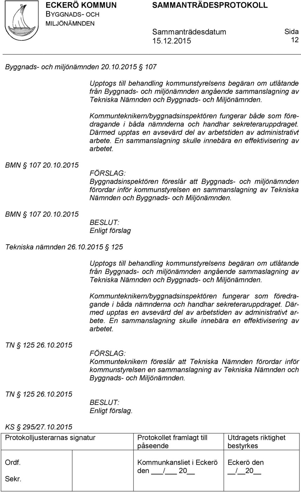 Kommunteknikern/byggnadsinspektören fungerar både som föredragande i båda nämnderna och handhar sekreteraruppdraget. Därmed upptas en avsevärd del av arbetstiden av administrativt arbete.