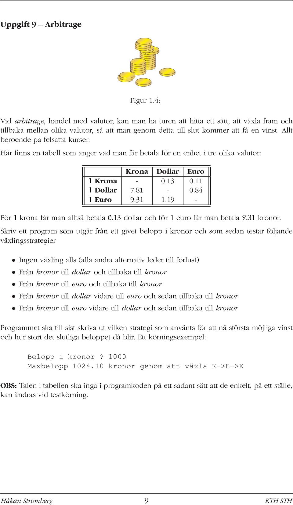 Allt beroende på felsatta kurser. Här finns en tabell som anger vad man får betala för en enhet i tre olika valutor: Krona Dollar Euro 1 Krona - 0.13 0.11 1 Dollar 7.81-0.84 1 Euro 9.31 1.