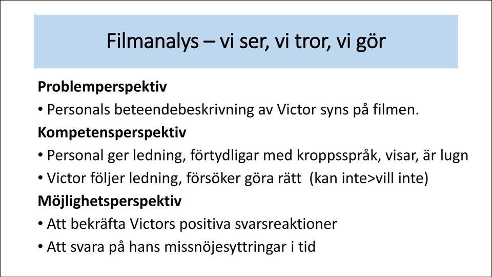 Kompetensperspektiv Personal ger ledning, förtydligar med kroppsspråk, visar, är lugn