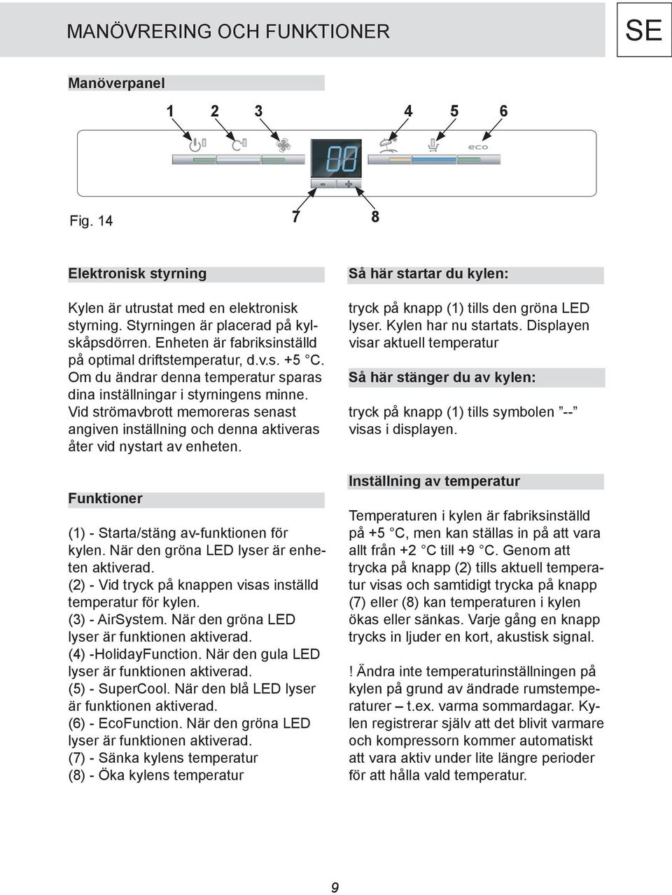 Vid strömavbrott memoreras senast angiven inställning och denna aktiveras åter vid nystart av enheten. Funktioner (1) - Starta/stäng av-funktionen för kylen.