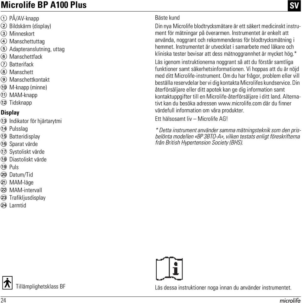 Trafikljusdisplay BN Larmtid SV Bäste kund Din nya Microlife blodtrycksmätare är ett säkert medicinskt instrument för mätningar på överarmen.