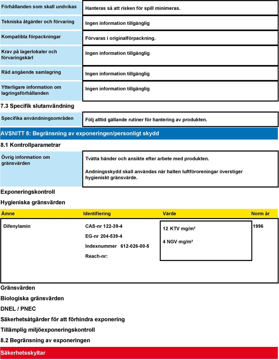 3 Specifik slutanvändning Specifika användningsområden Följ alltid gällande rutiner för hantering av produkten. AVSNITT 8: Begränsning av exponeringen/personligt skydd 8.