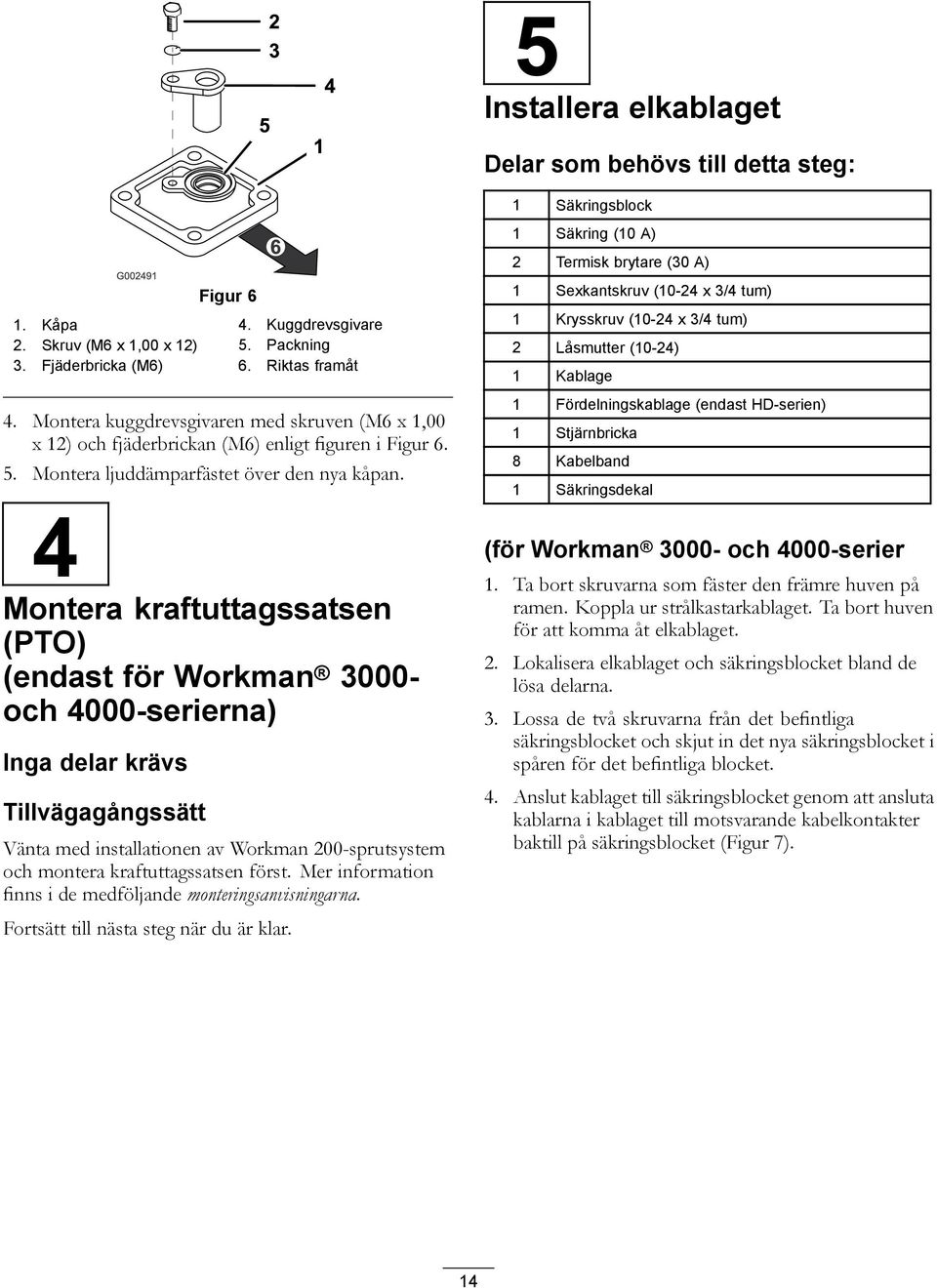 4 Montera kraftuttagssatsen (PTO) (endast för Workman 3000- och 4000-serierna) Inga delar krävs Tillvägagångssätt Vänta med installationen av Workman 200-sprutsystem och montera kraftuttagssatsen