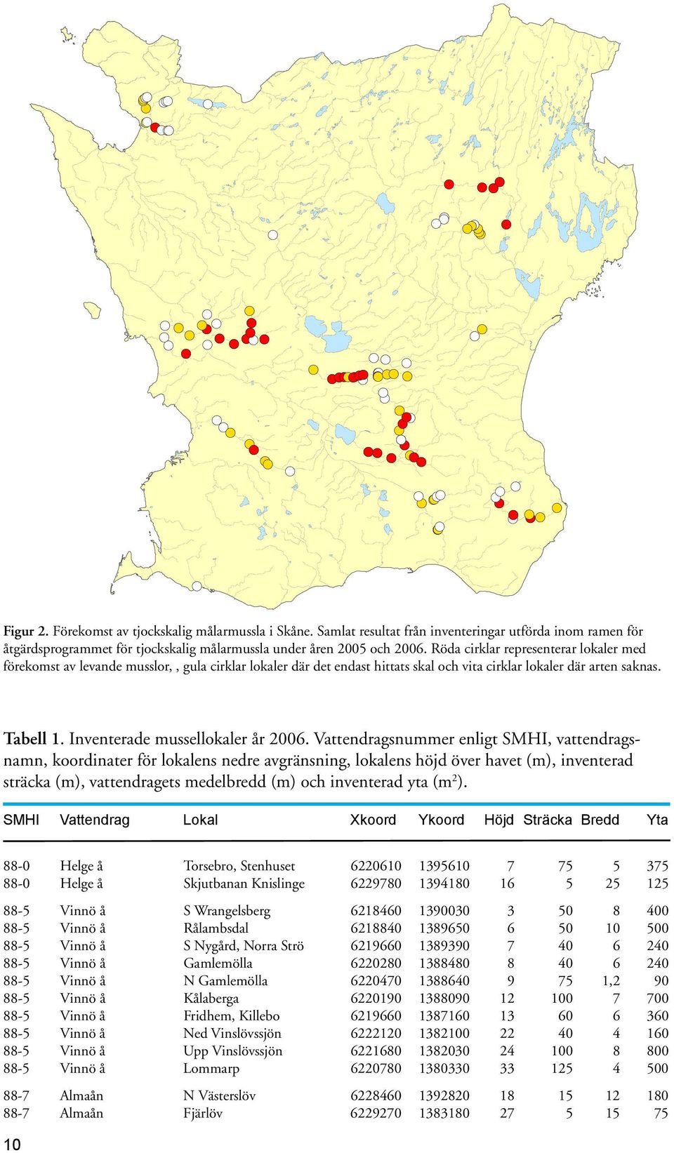 Röda cirklar representerar lokaler med förekomst av levande musslor,, gula cirklar lokaler där det endast hittats skal och vita cirklar lokaler där arten saknas. Tabell 1.