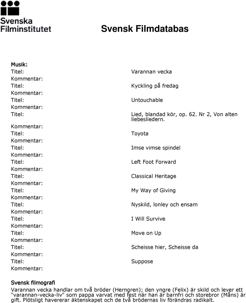 Scheisse hier, Scheisse da Suppose Svensk filmografi Varannan vecka handlar om två bröder (Herngren); den yngre (Felix) är skild och lever