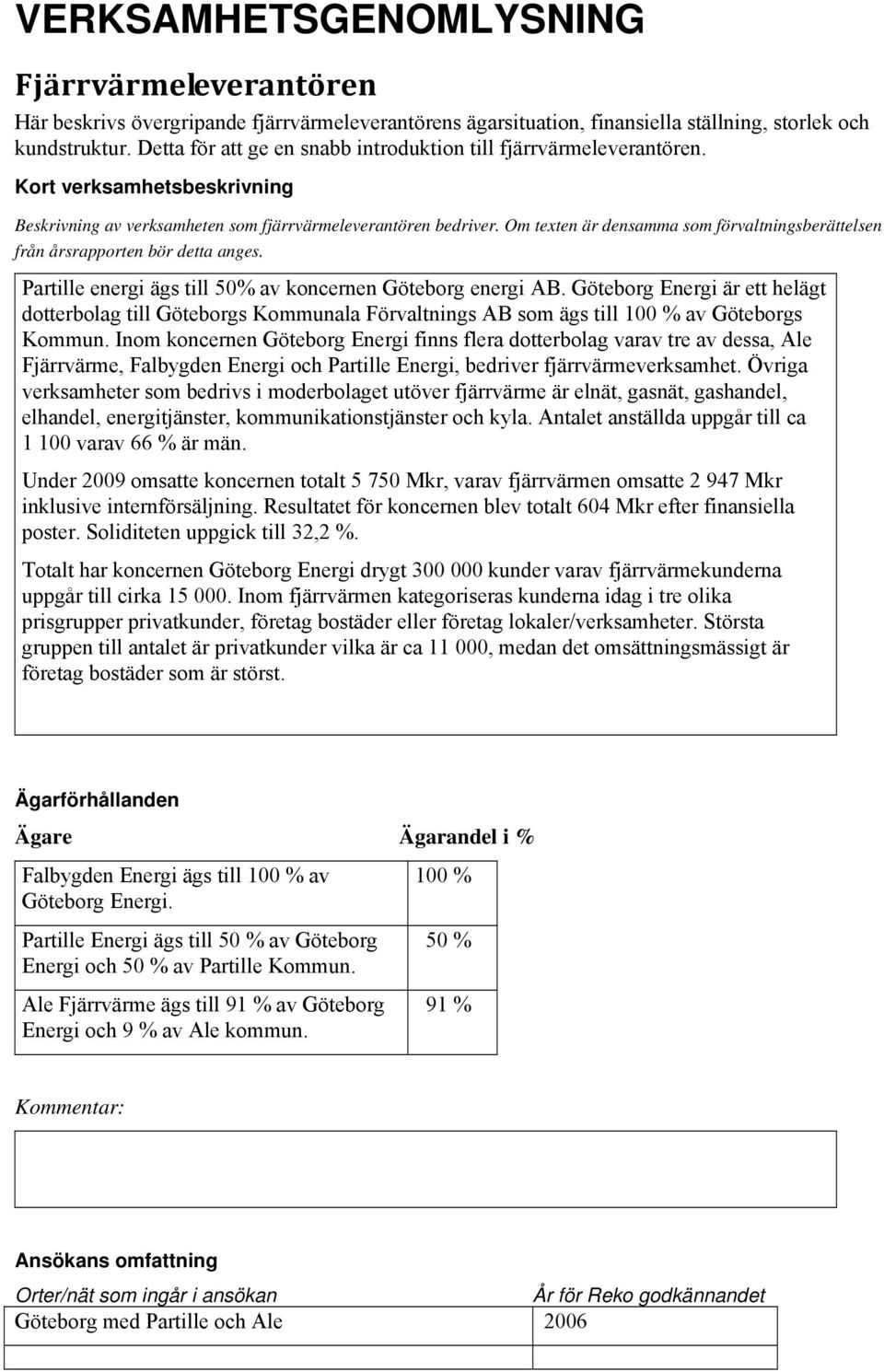 Om texten är densamma som förvaltningsberättelsen från årsrapporten bör detta anges. Partille energi ägs till 50% av koncernen Göteborg energi AB.
