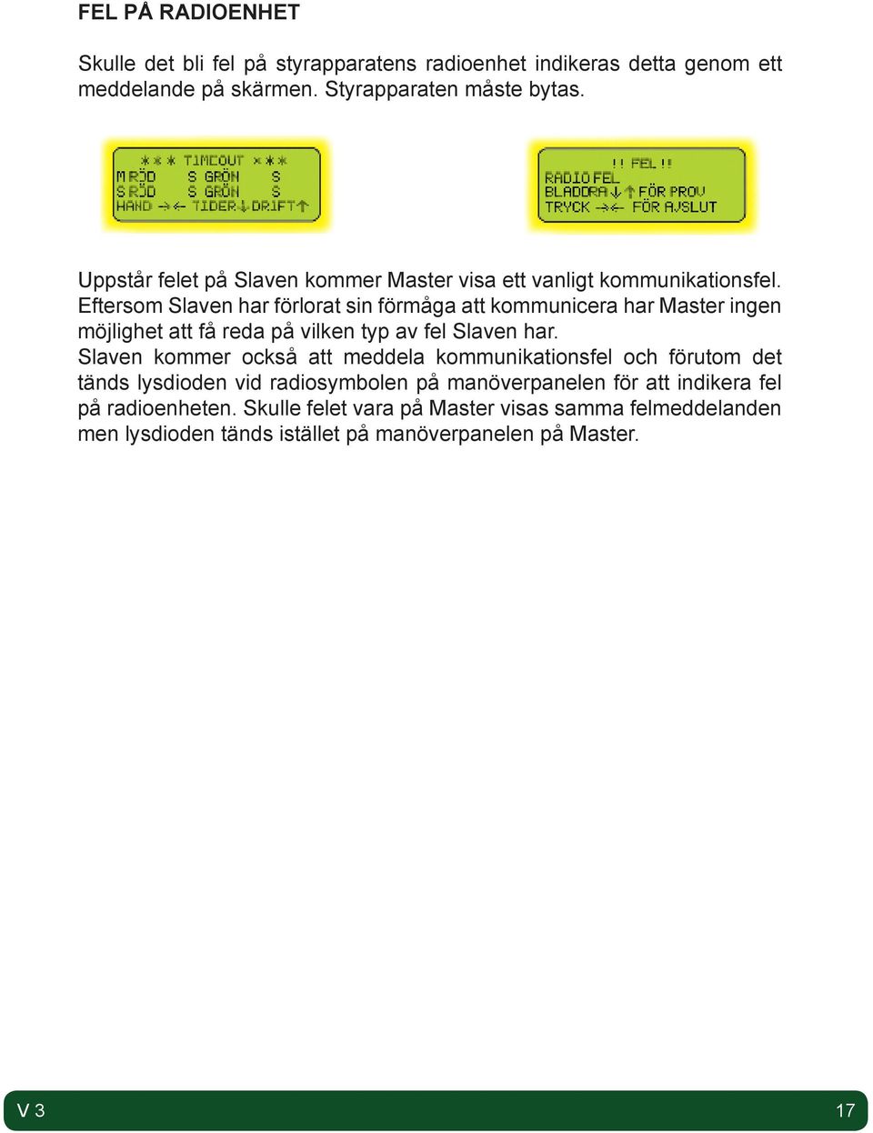 Eftersom Slaven har förlorat sin förmåga att kommunicera har Master ingen möjlighet att få reda på vilken typ av fel Slaven har.