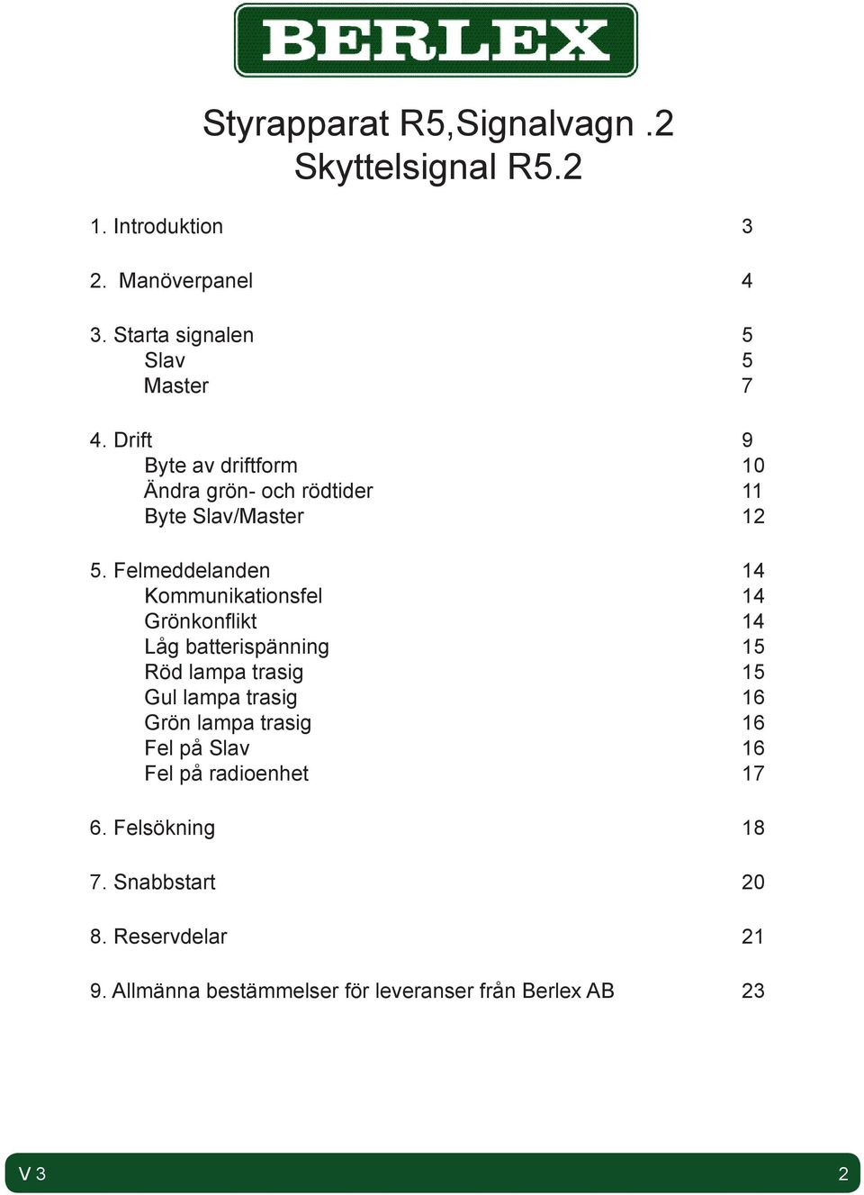 Felmeddelanden 14 Kommunikationsfel 14 Grönkonflikt 14 Låg batterispänning 15 Röd lampa trasig 15 Gul lampa trasig 16 Grön