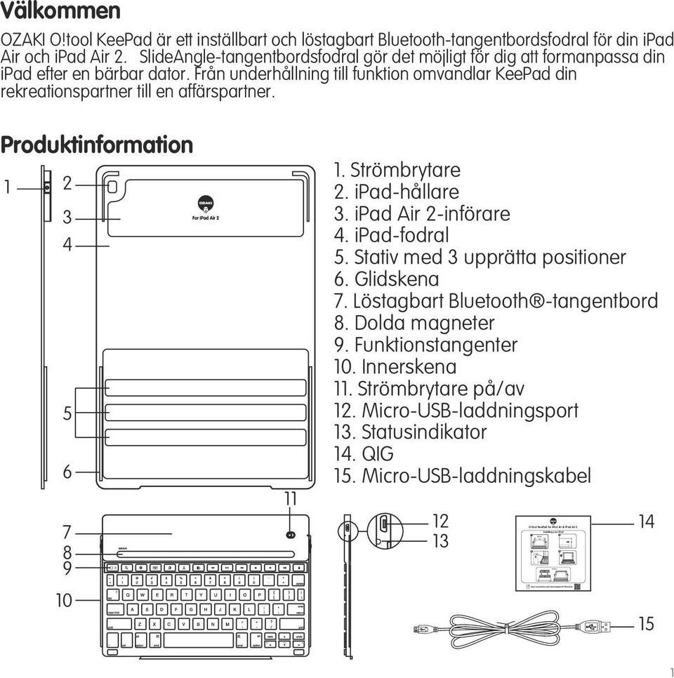 Produktinformation 1 1. Strömbrytare 2. ipad-hållare 3. ipad Air 2-införare 4. ipad-fodral 5. Stativ med 3 upprätta positioner 6. Glidskena 7. Löstagbart Bluetooth -tangentbord 8. Dolda magneter 9.