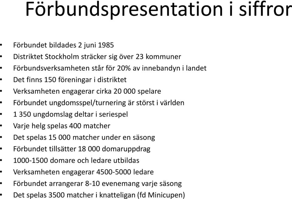 350 ungdomslag deltar i seriespel Varje helg spelas 400 matcher Det spelas 15 000 matcher under en säsong Förbundet tillsätter 18 000 domaruppdrag 1000-1500