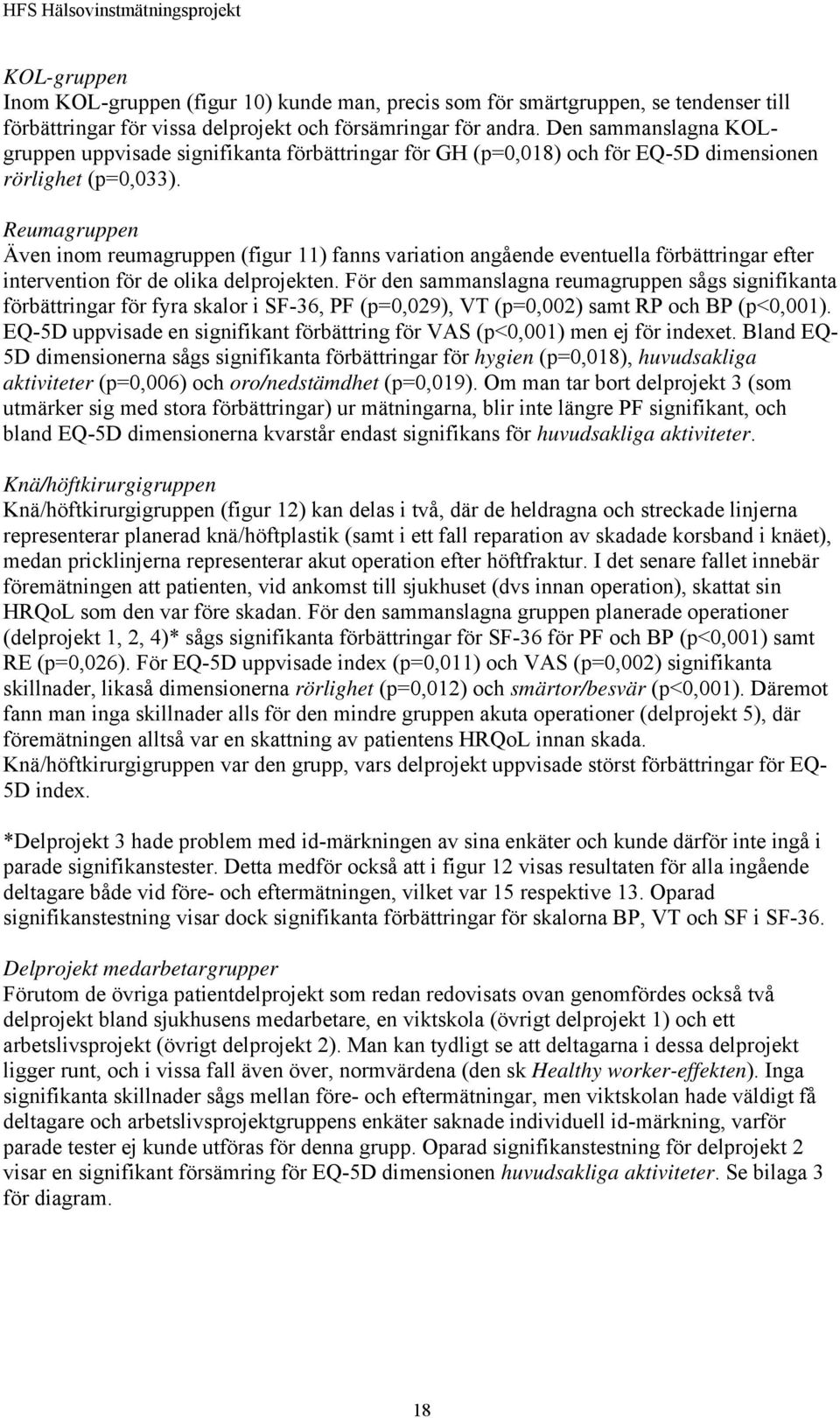 Reumagruppen Även inom reumagruppen (figur 11) fanns variation angående eventuella förbättringar efter intervention för de olika delprojekten.