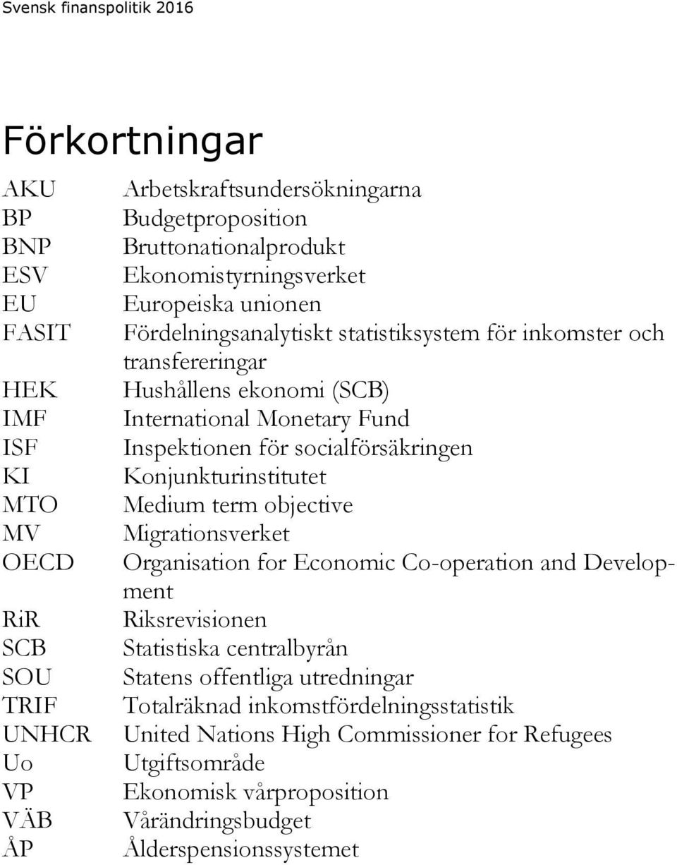 Konjunkturinstitutet MTO Medium term objective MV Migrationsverket OECD Organisation for Economic Co-operation and Development RiR Riksrevisionen SCB Statistiska centralbyrån SOU Statens