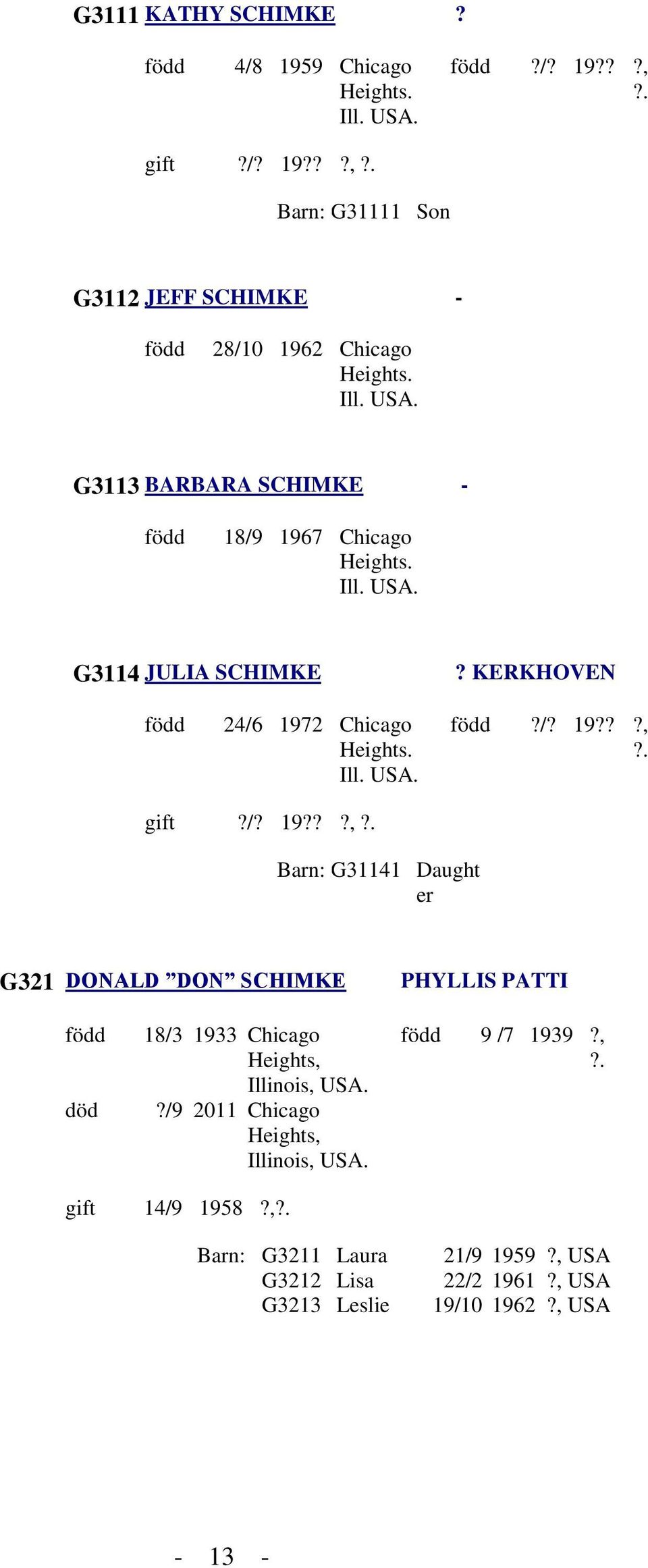 . gift?/? 19???,?. Barn: G31141 Daught er G321 DONALD DON SCHIMKE PHYLLIS PATTI 18/3 1933 Chicago Heights, Illinois, USA.
