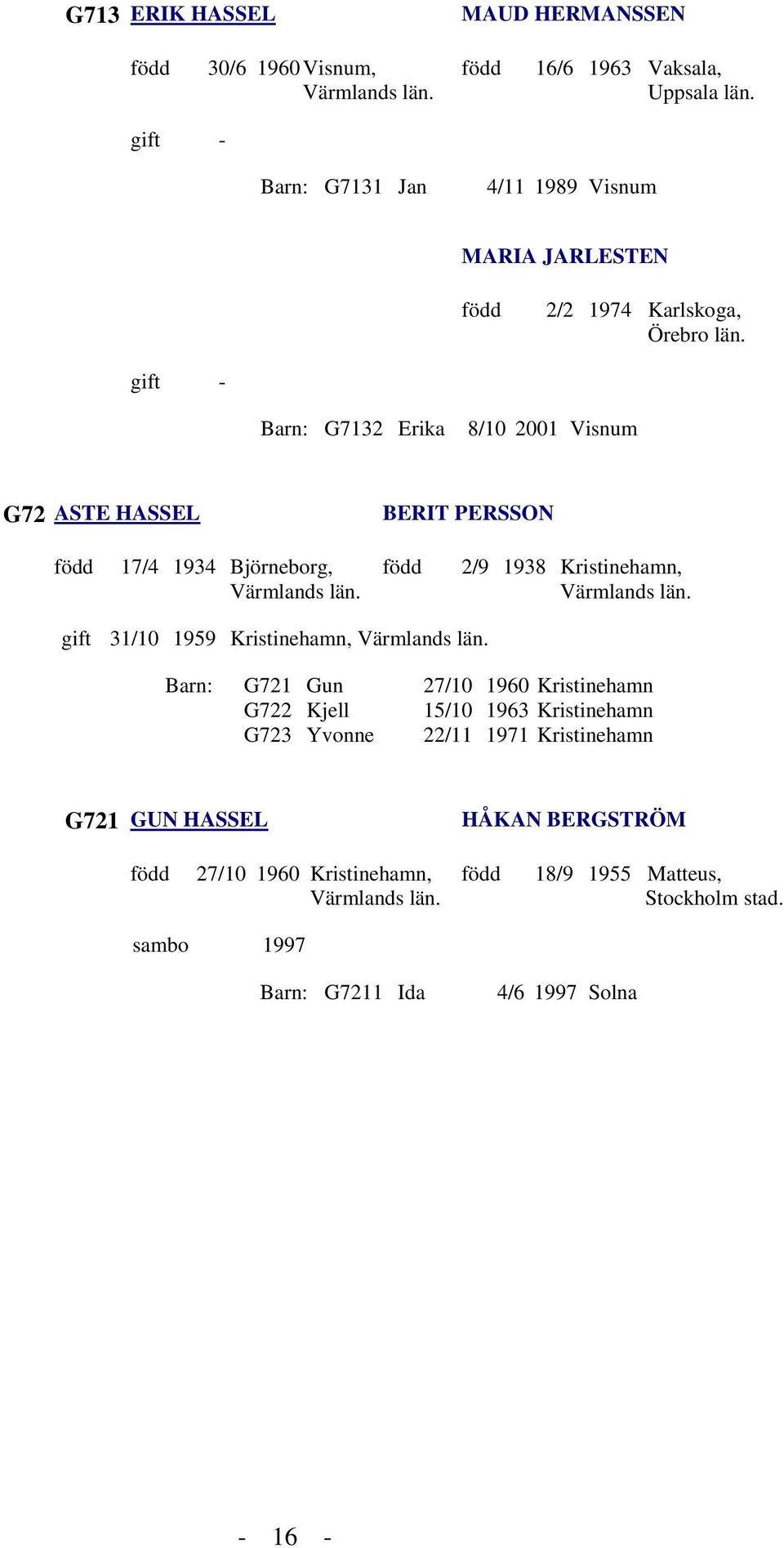 gift - Barn: G7132 Erika 8/10 2001 Visnum G72 ASTE HASSEL BERIT PERSSON 17/4 1934 Björneborg, 2/9 1938 Kristinehamn, gift 31/10 1959