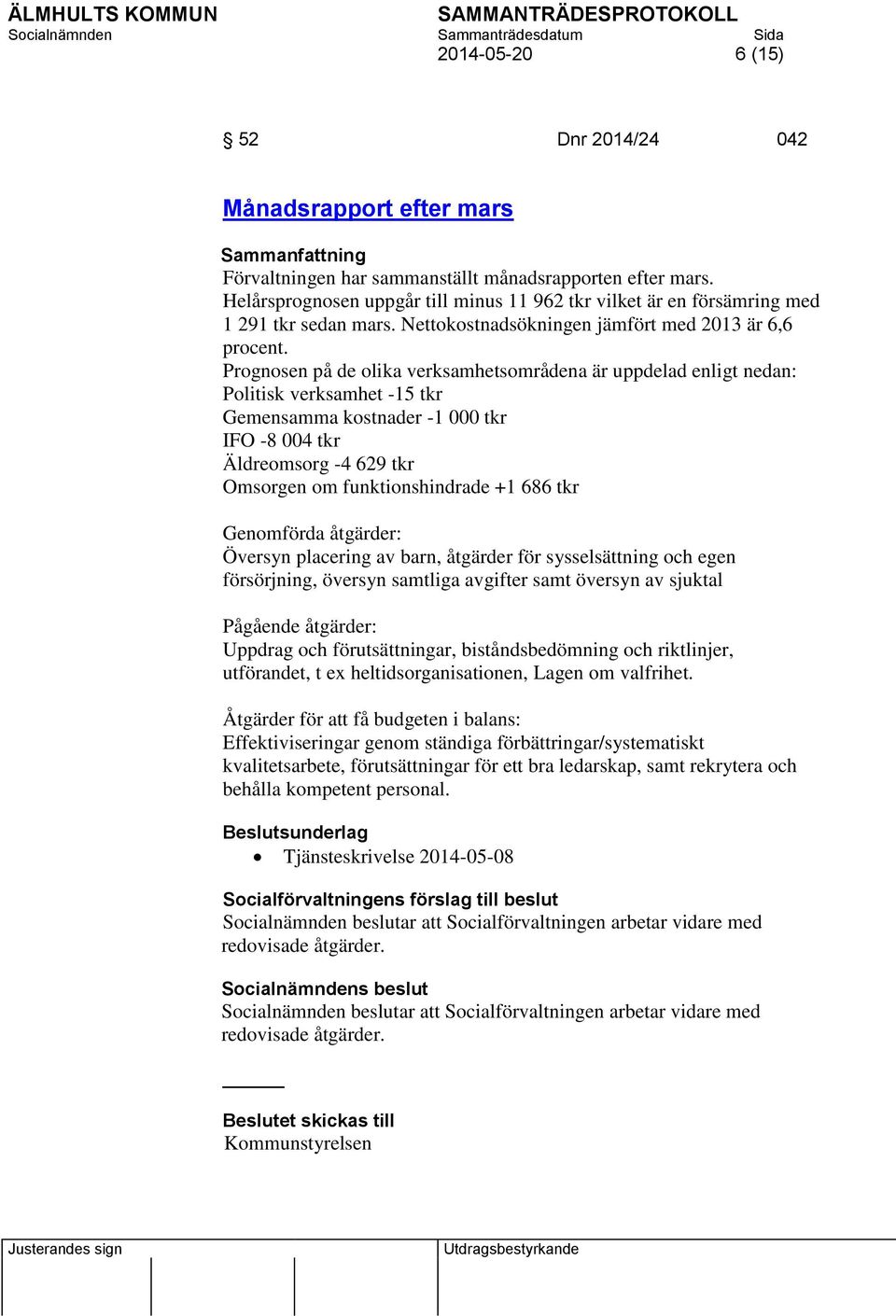 Prognosen på de olika verksamhetsområdena är uppdelad enligt nedan: Politisk verksamhet -15 tkr Gemensamma kostnader -1 000 tkr IFO -8 004 tkr Äldreomsorg -4 629 tkr Omsorgen om funktionshindrade +1