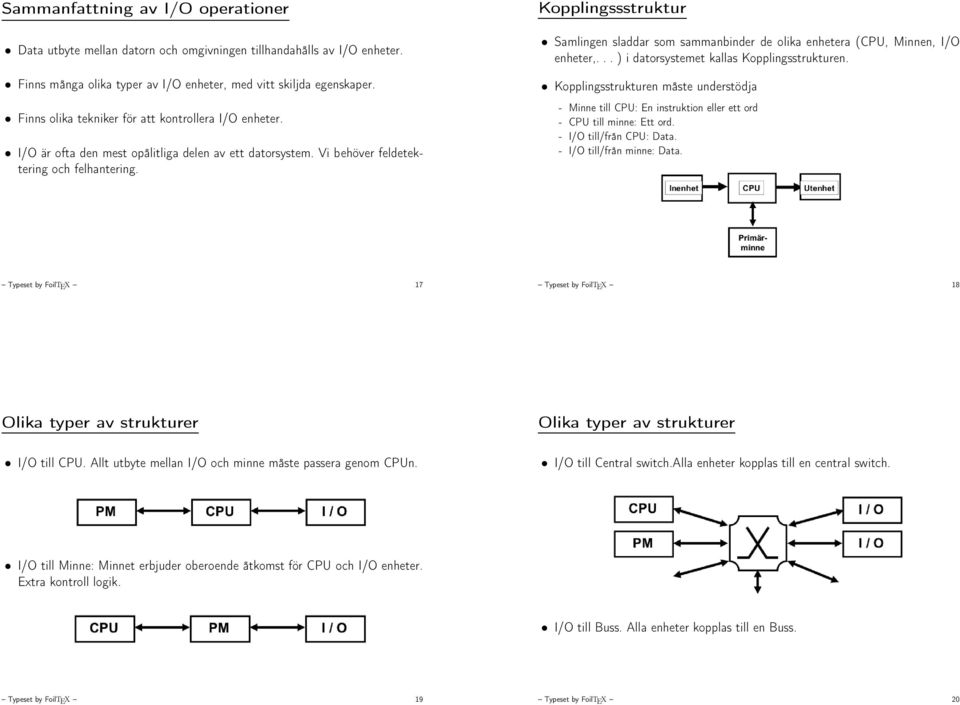 Kopplingssstruktur Samlingen sladdar som sammanbinder de olika enhetera (CPU, Minnen, I/O enheter,... ) i datorsystemet kallas Kopplingsstrukturen.