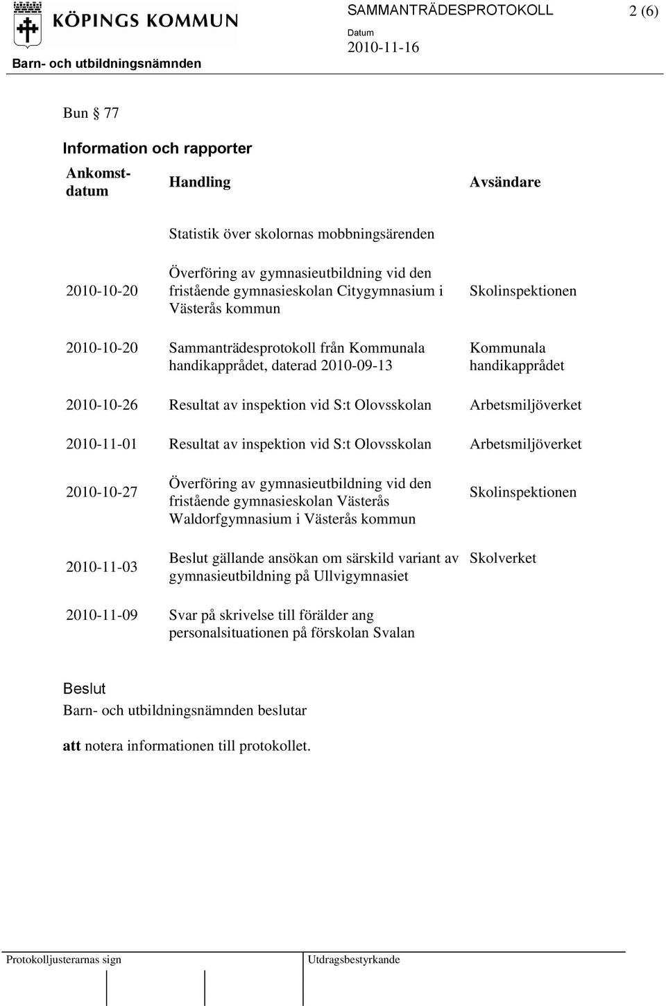 inspektion vid S:t Olovsskolan Arbetsmiljöverket 2010-11-01 Resultat av inspektion vid S:t Olovsskolan Arbetsmiljöverket 2010-10-27 2010-11-03 Överföring av gymnasieutbildning vid den fristående