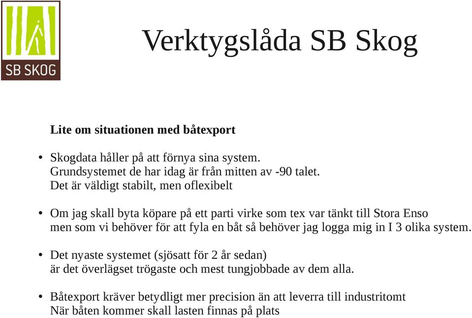 att fyla en båt så behöver jag logga mig in I 3 olika system.