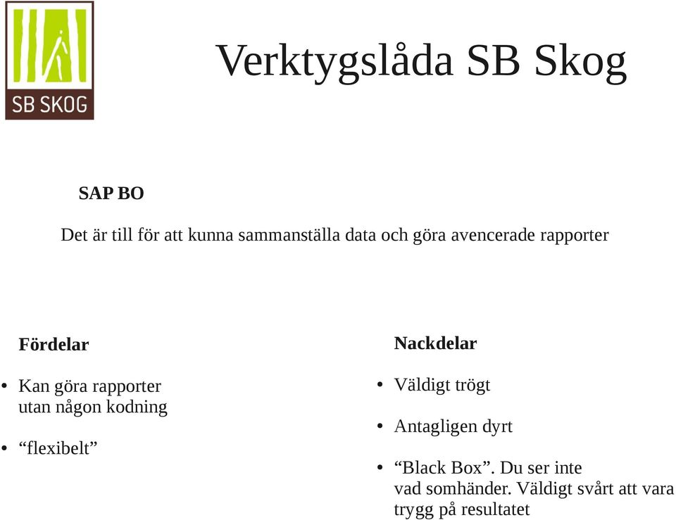 någon kodning flexibelt Väldigt trögt Antagligen dyrt Black Box.