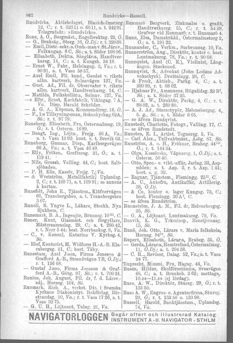 Emil,Distr.seki. o. Ömb.man v. St.Järnv., Runnander, C.; Verkm., Surbrunnsg. 10, Va. Folkangag. 8 C, Bö.; a. t. Söder 10896. Runnerström, Aug., Direktör, kontor o. bost, Elisabeth,.