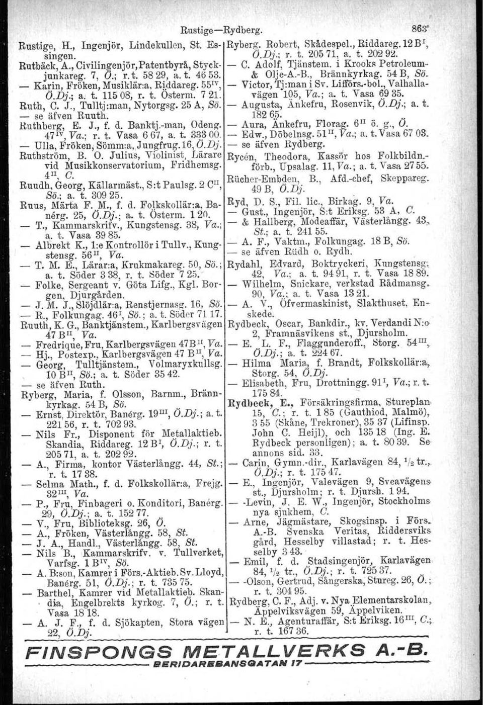 Dj.; a, t. 11508, r. t. Osterm. 7 21. vägen 1Q5, Va.; a. t. Vasa 6.935. Ruth, C. J., Tulltj:man, Nytorgsg. 25 A, Sö. Augusta, Ankefru, Rosenvik, O.Dj.; a. t. se äfven Ruuth, 18265. Ruthberg. E. J., f.