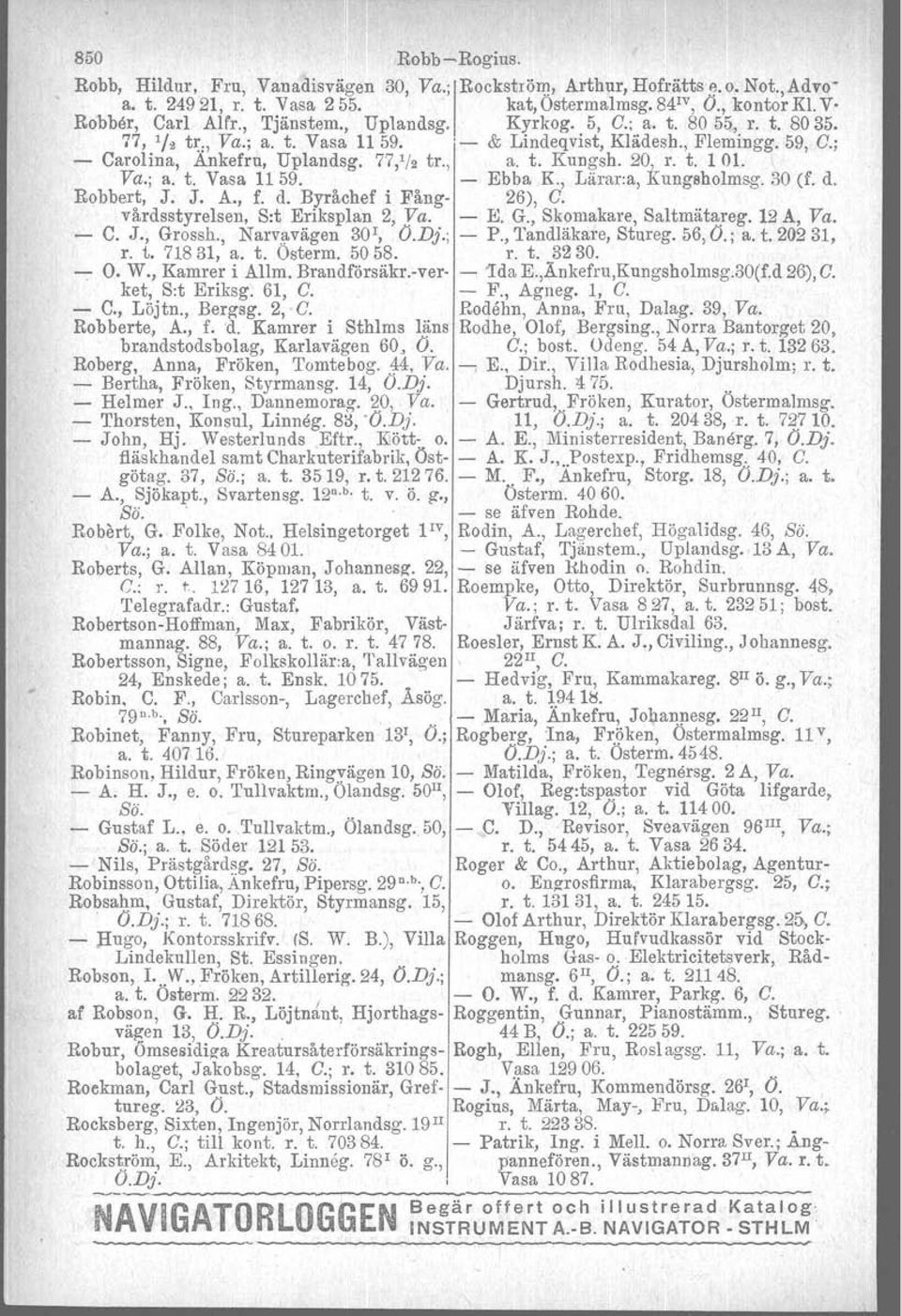 Va.; a. t. Vasa 1159. Ebba K., Lärar.a, Kungsholmsg. 30 (f. d. Robbert, J. J. A., f. d. Byråchef i Fång 26), C. vårdsstyrelsen, S:t Eriksplan 2, Va. E. G., Skomakare, Saltmätareg. 12 A, Va. C. J., Grossh.