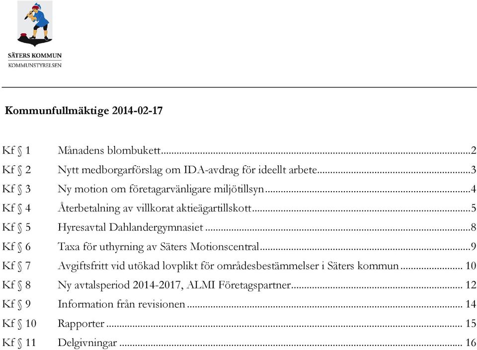 .. 5 Kf 5 Hyresavtal Dahlandergymnasiet... 8 Kf 6 Taxa för uthyrning av Säters Motionscentral.