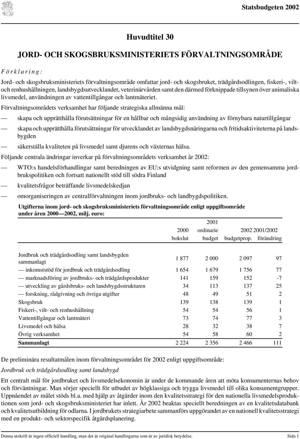 Förvaltningsområdets verksamhet har följande strategiska allmänna mål: skapa och upprätthålla förutsättningar för en hållbar och mångsidig användning av förnybara naturtillgångar skapa och