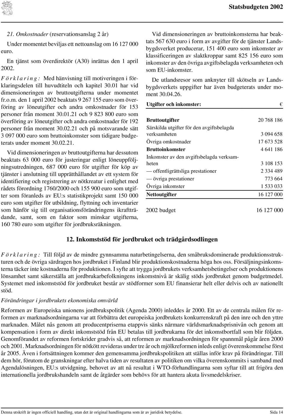 01.21 och 9 823 800 euro som överföring av löneutgifter och andra omkostnader för 192 personer från moment 30.02.