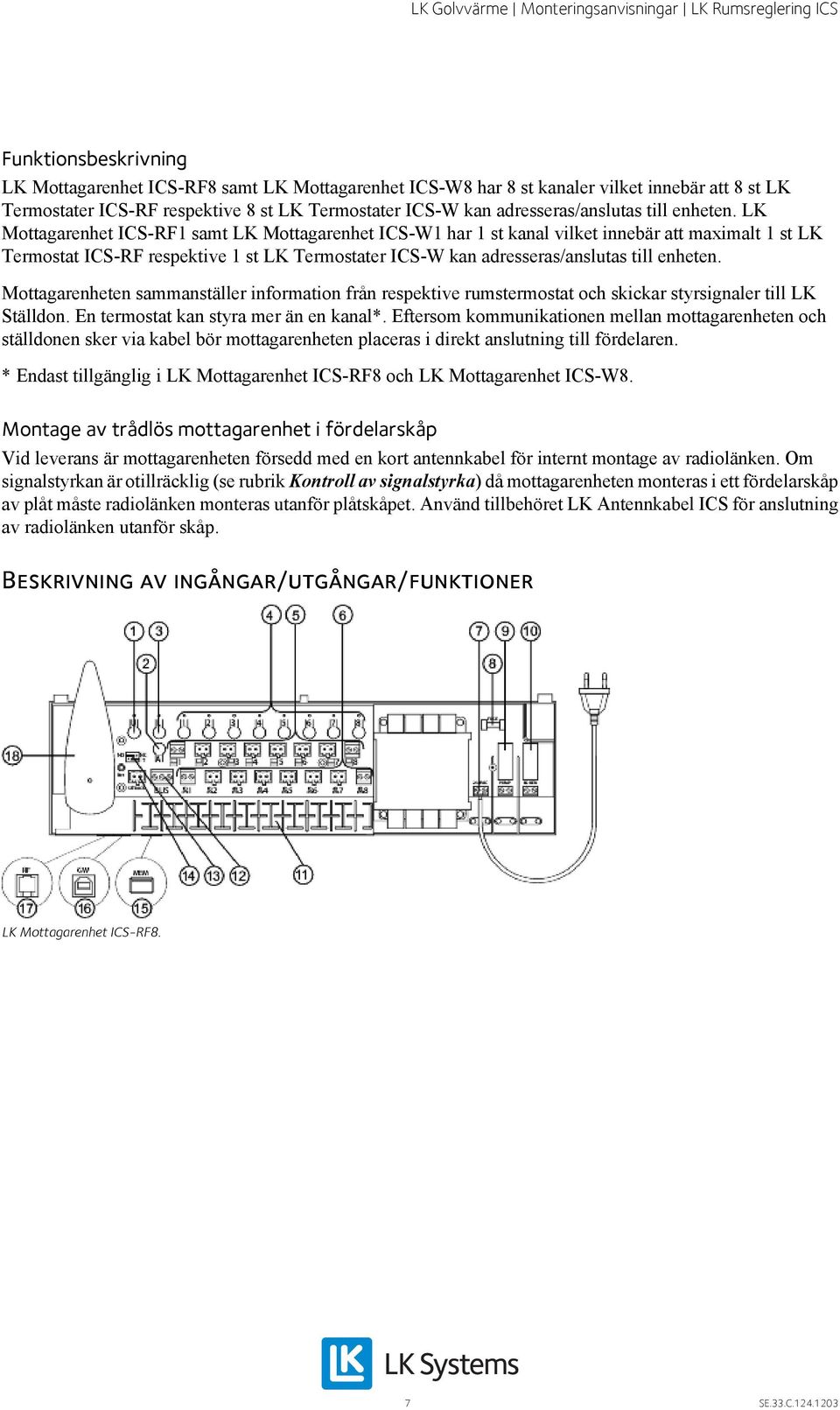 LK Mottagarenhet ICS-RF1 samt LK Mottagarenhet ICS-W1 har 1 st kanal vilket innebär att maximalt 1 st LK Termostat ICS-RF respektive 1 st LK Termostater ICS-W kan adresseras/anslutas  Mottagarenheten