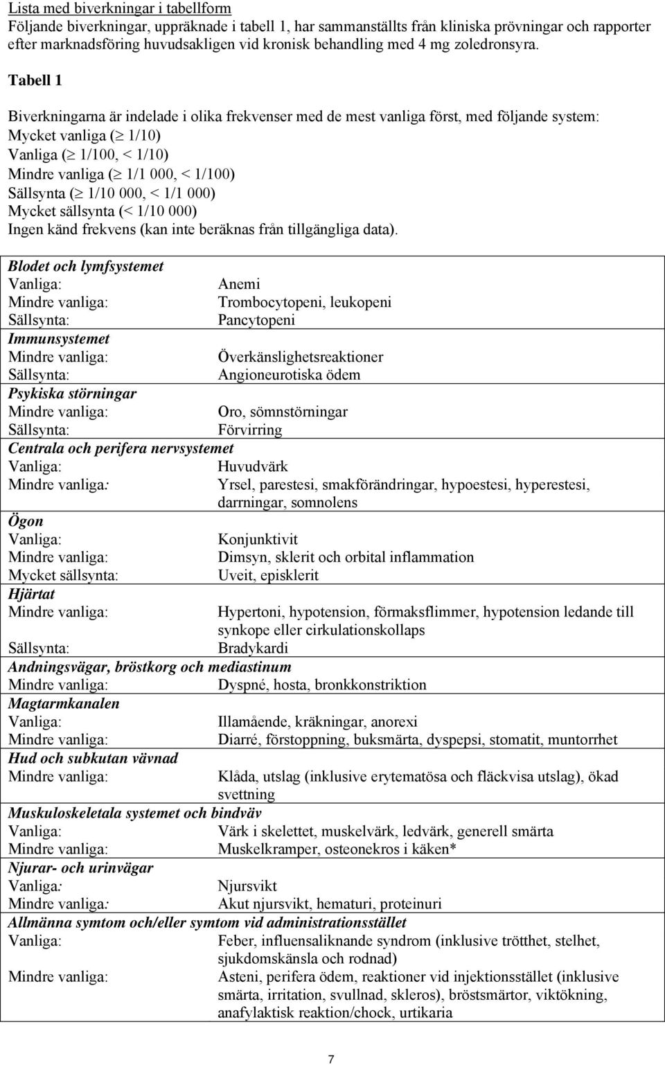 Tabell 1 Biverkningarna är indelade i olika frekvenser med de mest vanliga först, med följande system: Mycket vanliga ( 1/10) Vanliga ( 1/100, < 1/10) Mindre vanliga ( 1/1 000, < 1/100) Sällsynta (