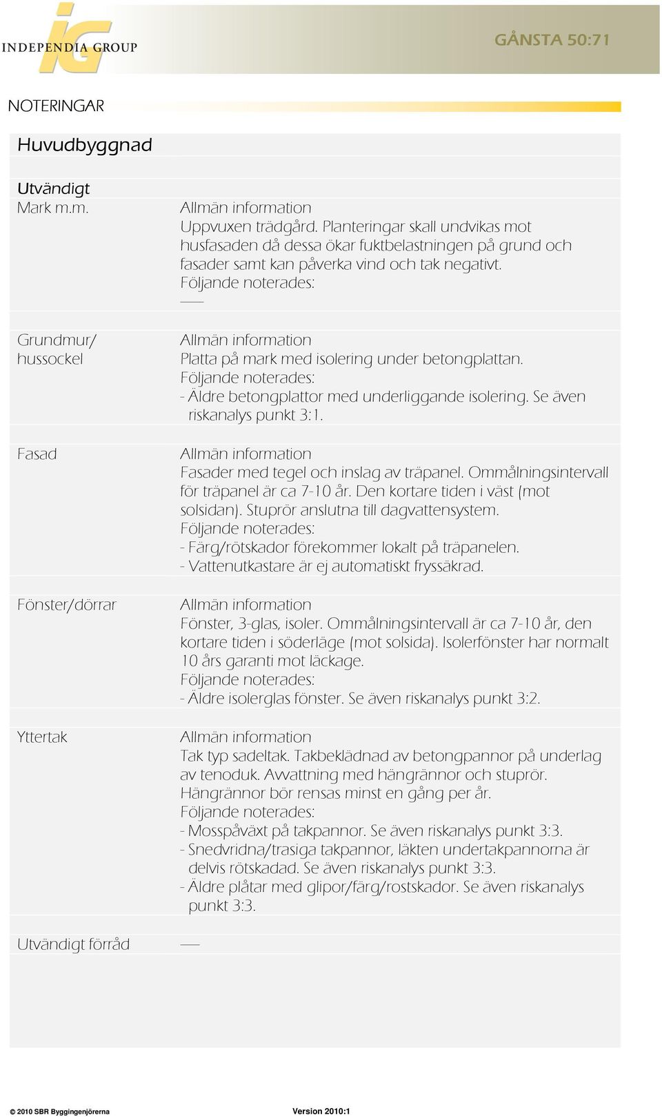 Följande noterades: ------ Allmän information Platta på mark med isolering under betongplattan. Följande noterades: - Äldre betongplattor med underliggande isolering. Se även riskanalys punkt 3:1.