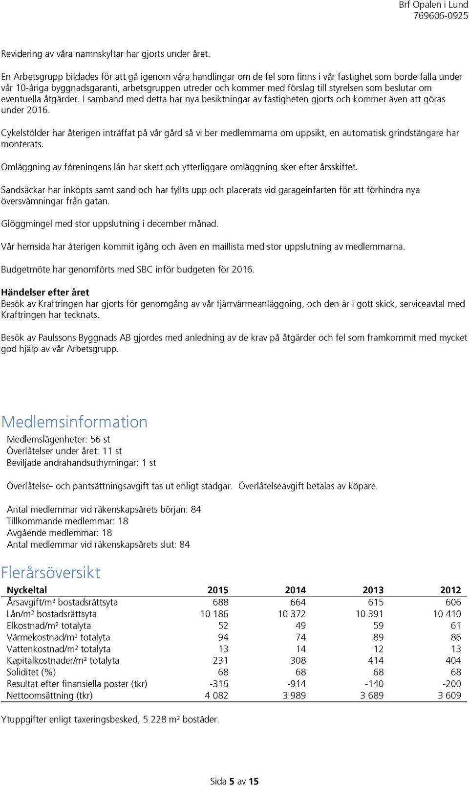 styrelsen som beslutar om eventuella åtgärder. I samband med detta har nya besiktningar av fastigheten gjorts och kommer även att göras under 2016.