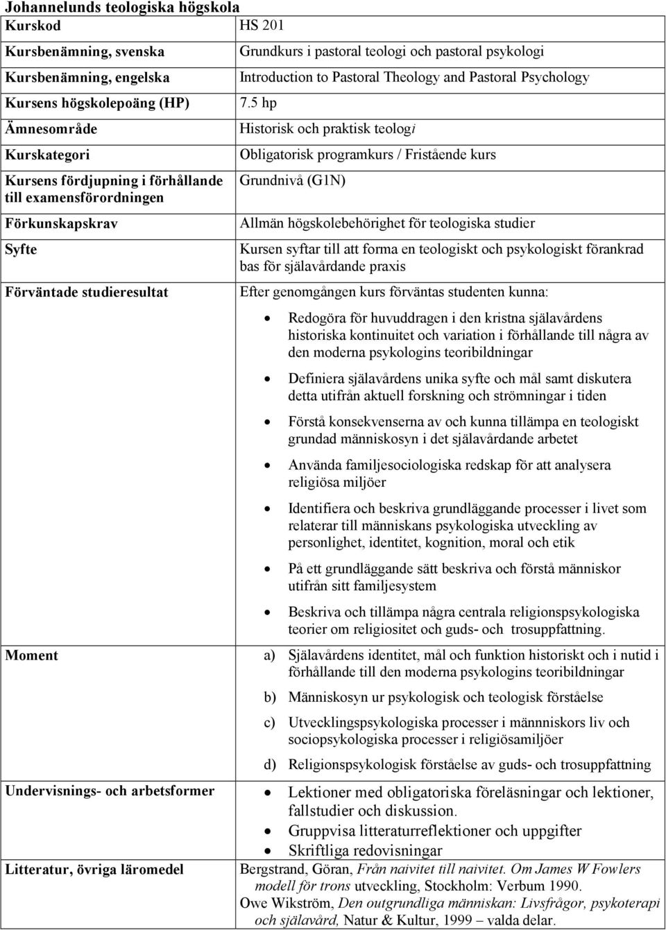 5 hp Historisk och praktisk teologi Obligatorisk programkurs / Fristående kurs Grundnivå (G1N) Allmän högskolebehörighet för teologiska studier Kursen syftar till att forma en teologiskt och