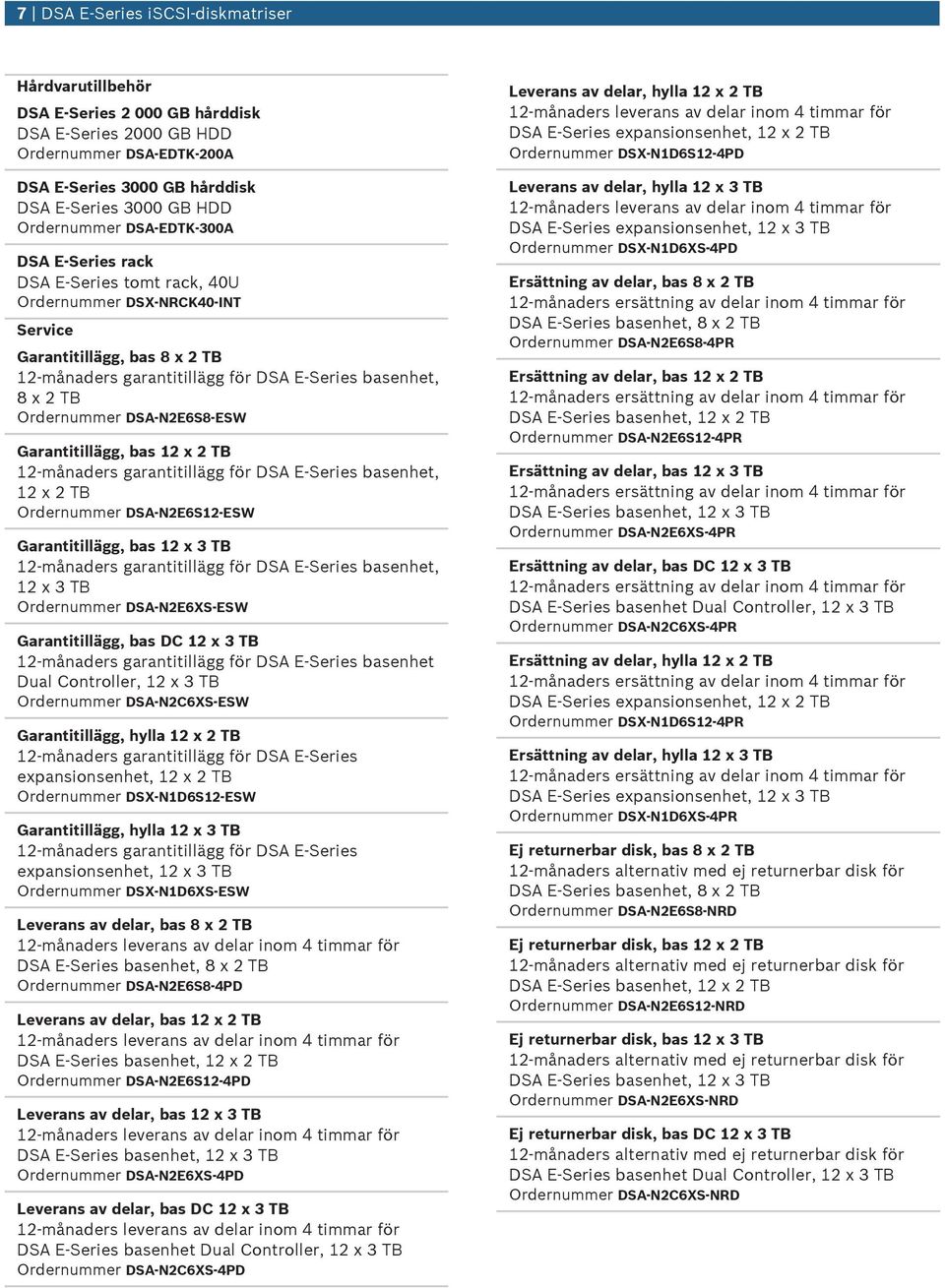 Garantitillägg, bas 12 x 2 TB 12-månaders garantitillägg för DSA E Series basenhet, 12 x 2 TB Ordernmmer DSA-N2E6S12-ESW Garantitillägg, bas 12 x 3 TB 12-månaders garantitillägg för DSA E Series